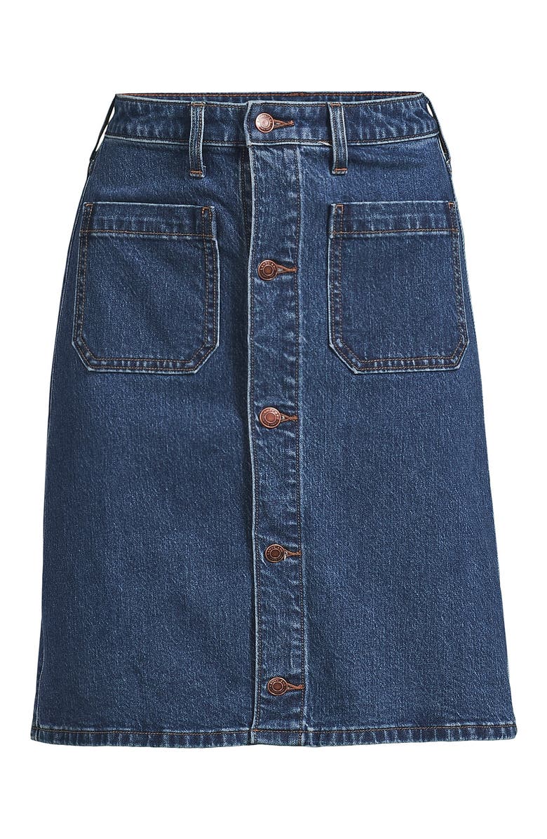 Lands' End Plus Size Soft Denim Mid Rise Button Through Above the Knee Skirt, Alternate, color, Indigo Tide Blue