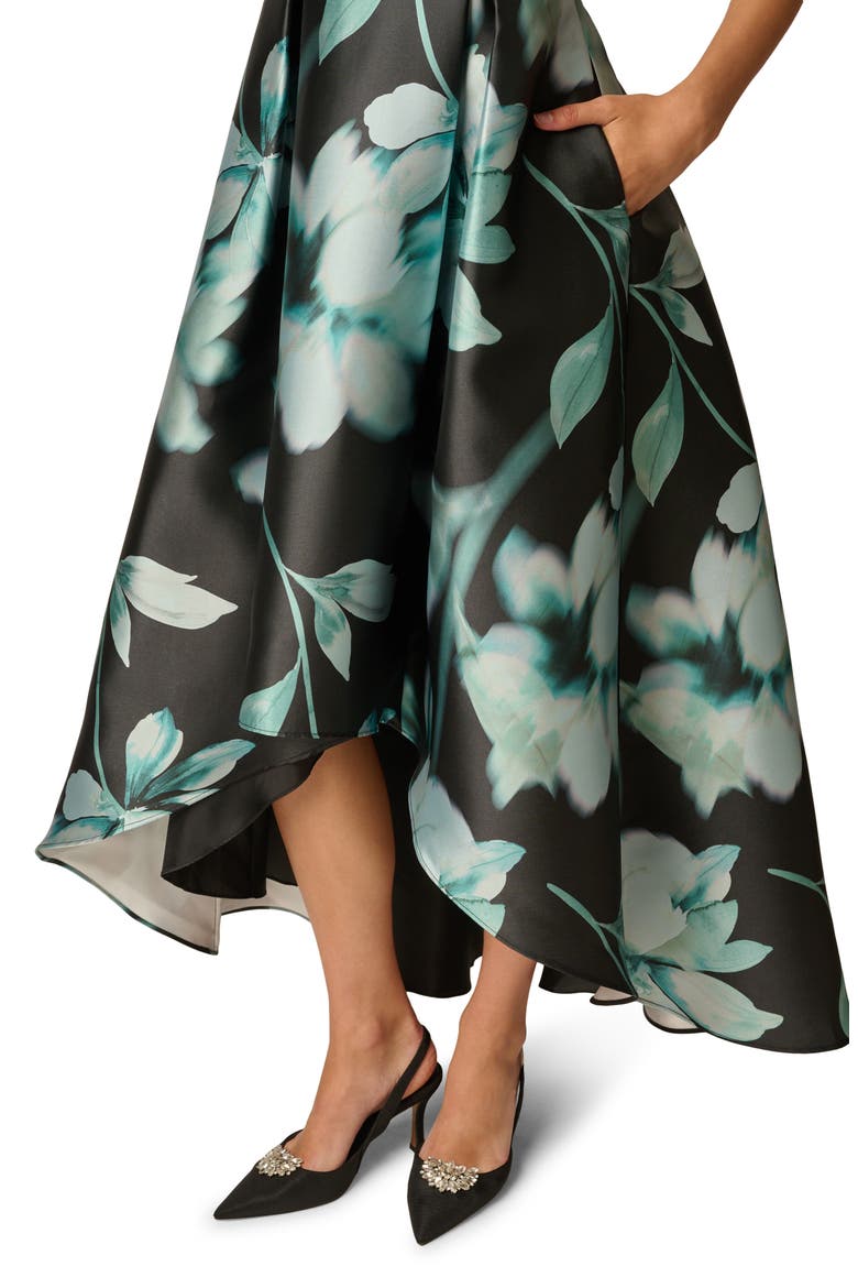 Printed High-Low Mikado Gown, Alternate, color, BLACK MULTI