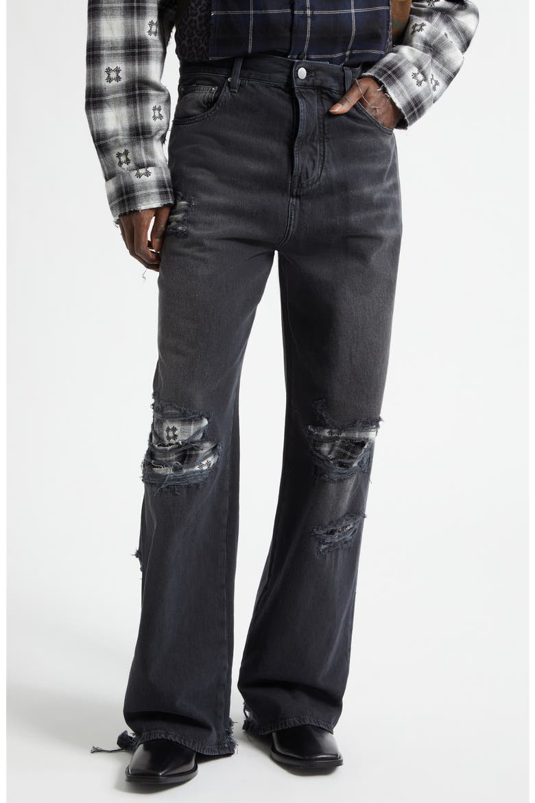 Flannel Repaired Baggy Jeans, Main, color, STEEL BLACK