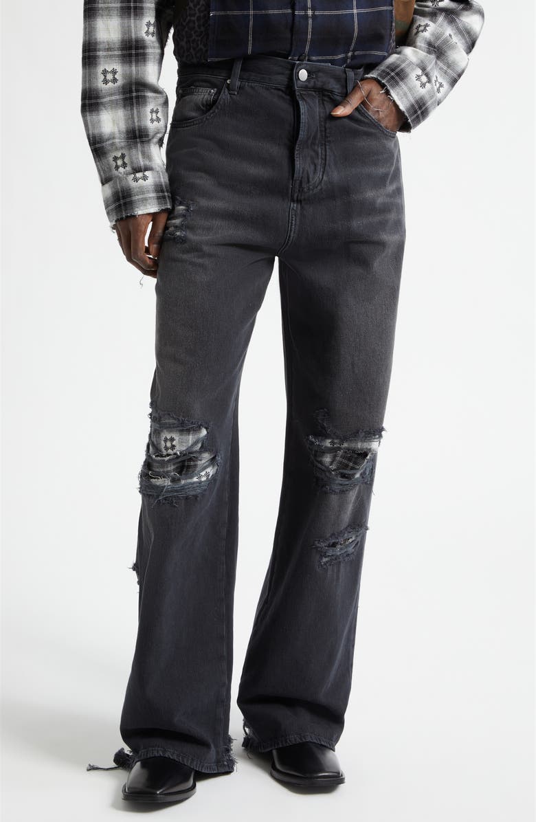 AMIRI Flannel Repaired Baggy Jeans, Main, color, Steel Black