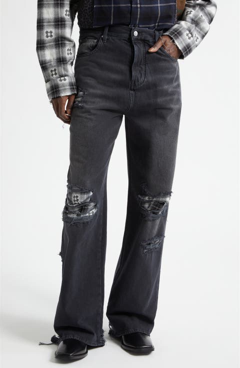 Flannel Repaired Baggy Jeans