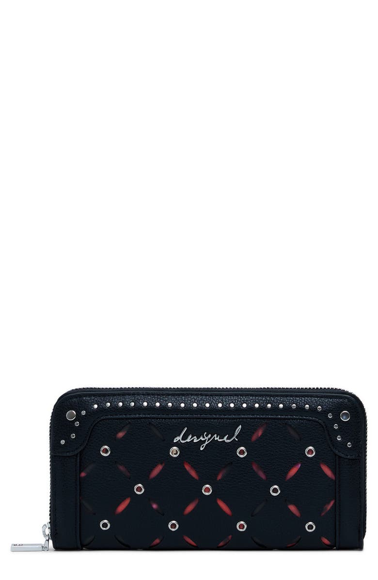 Desigual Long Faux Leather Wallet, Main, color, Black