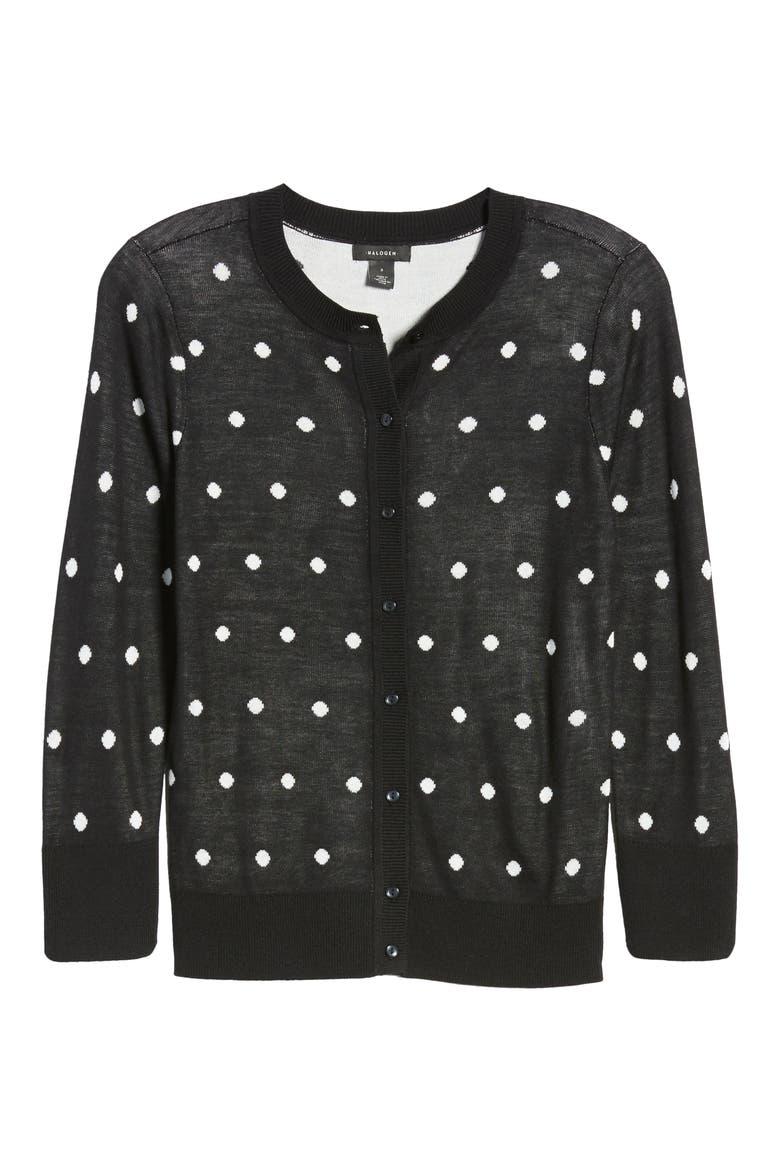 Jacquard Crewneck Cardigan, Alternate, color, BLACK- IVORY DOT