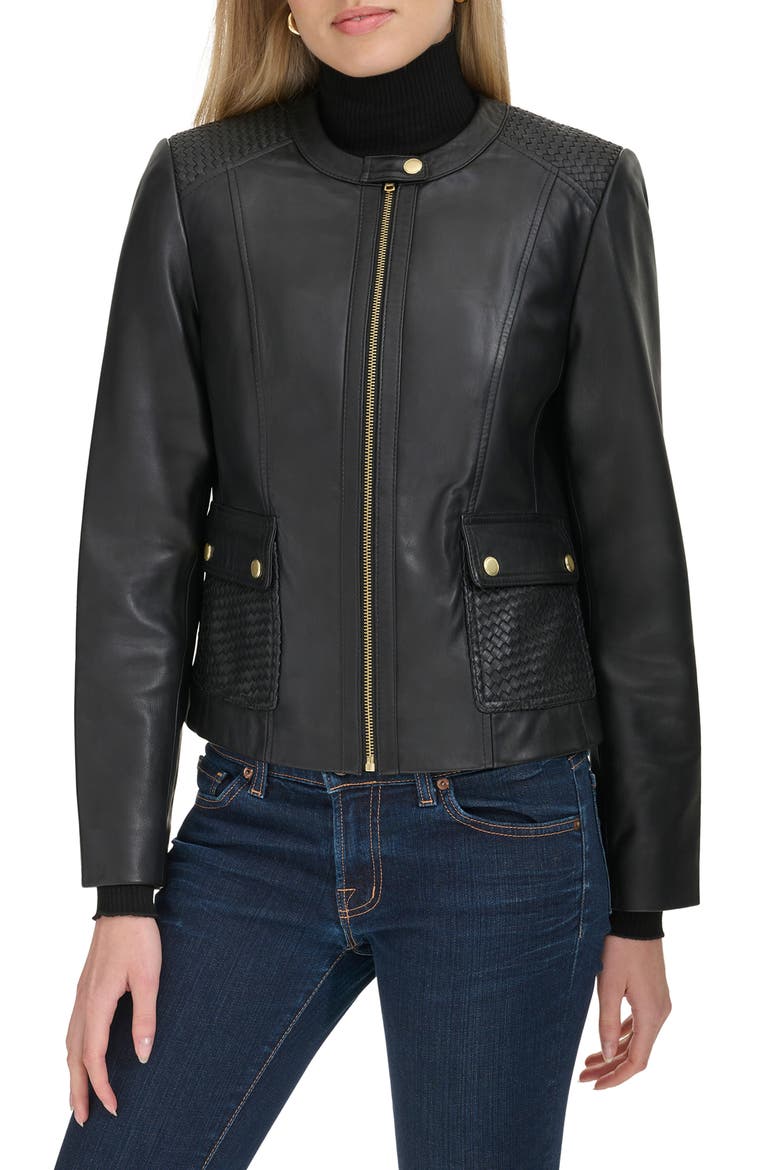Woven Detail Leather Jacket, Alternate, color, BLACK