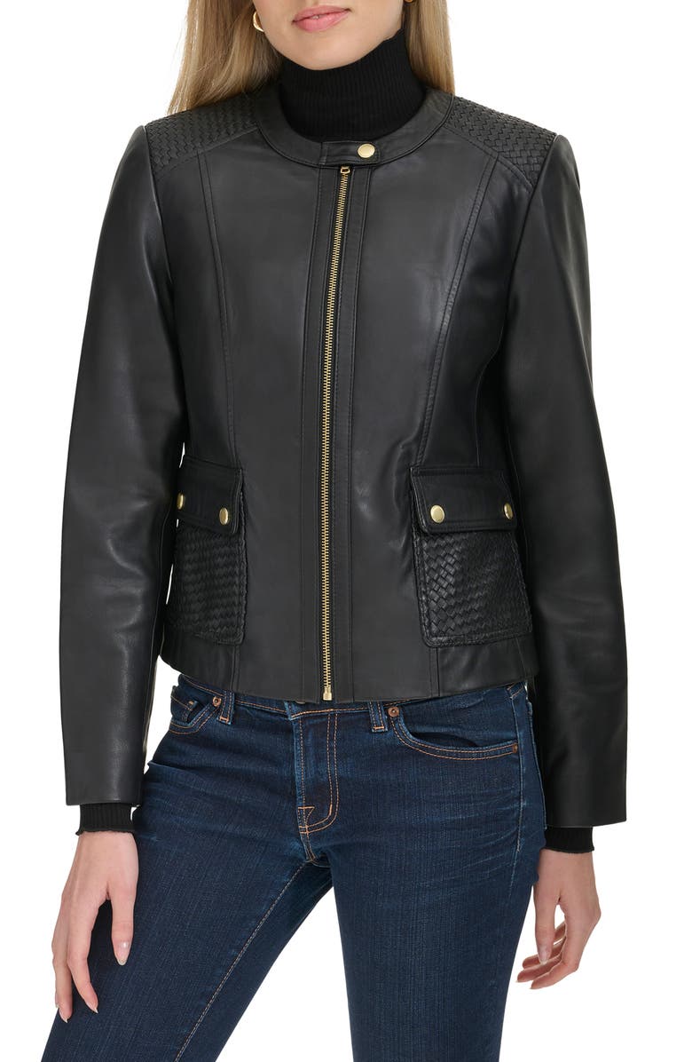 Woven Detail Leather Jacket