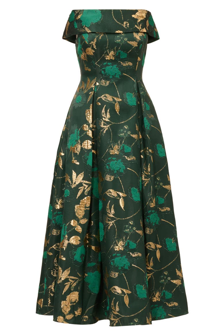 Off the Shoulder Fit & Flare Cocktail Dress, Alternate, color, HUNTER/ GOLD