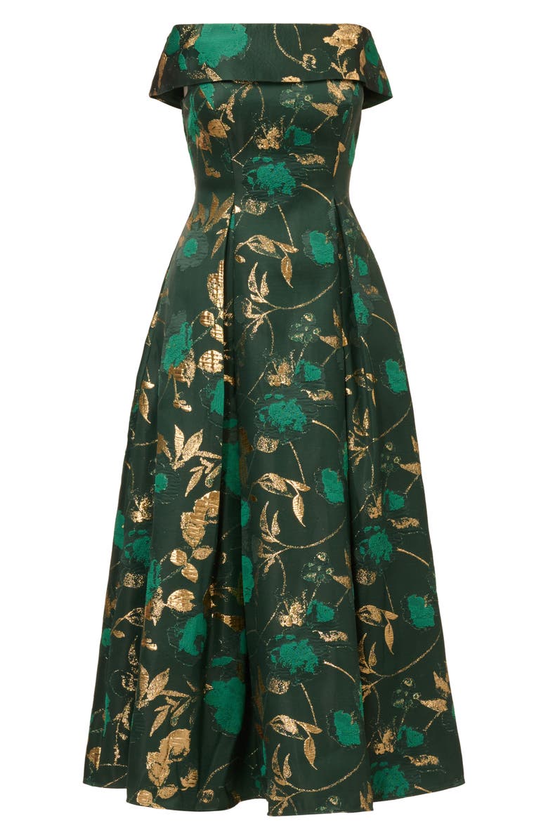 Adrianna Papell Off the Shoulder Fit & Flare Cocktail Dress, Alternate, color, Hunter/ Gold