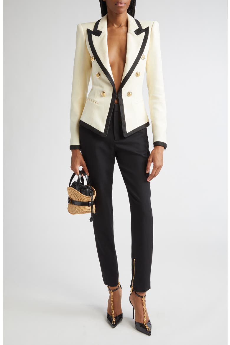 Two-Tone Basket Weave Fitted Jacket, Alternate, color, GAB CREAM/ BLACK