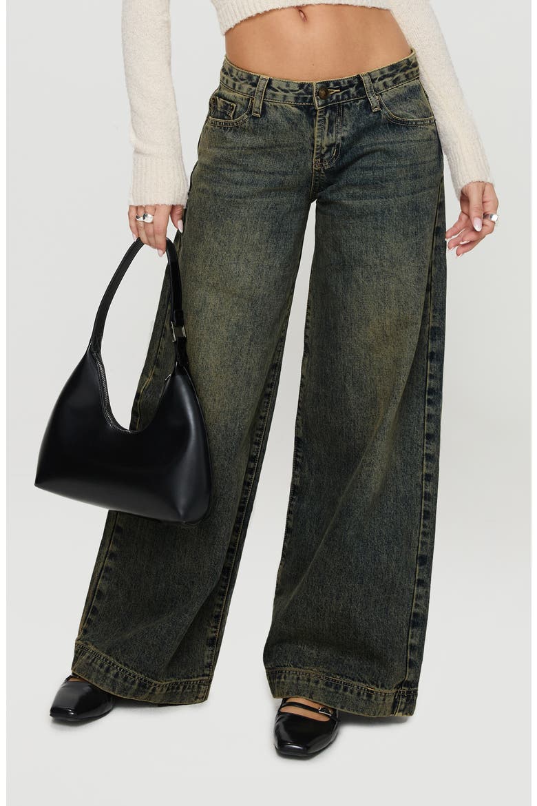 Ribbon Bow Print Low Rise Wide Leg Jeans, Main, color, GREY