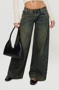 Princess Polly Ribbon Bow Print Low Rise Wide Leg Jeans