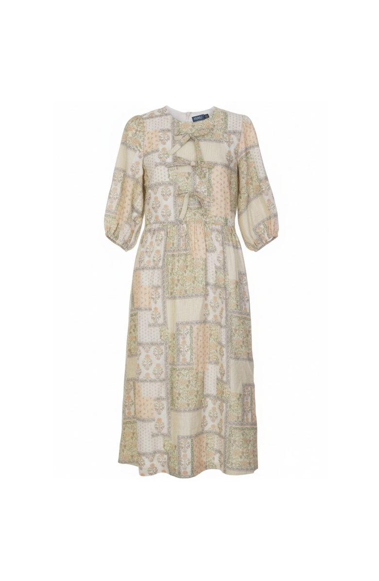 Noni Floral Print Woven Round Neckline and Puff Sleeves Dress, Main, color, Beige