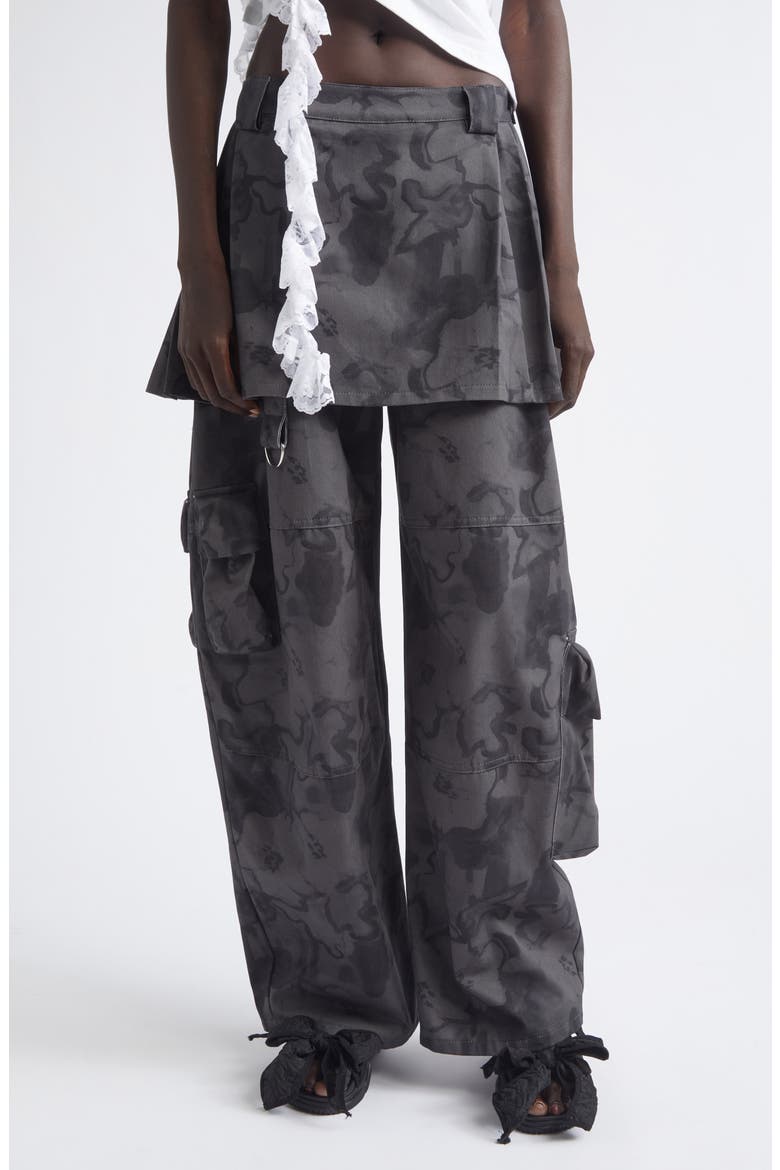 Lawn Plaid Skirt Overlay Cargo Pants, Main, color, BLACK FLORAL SCRIBBLE