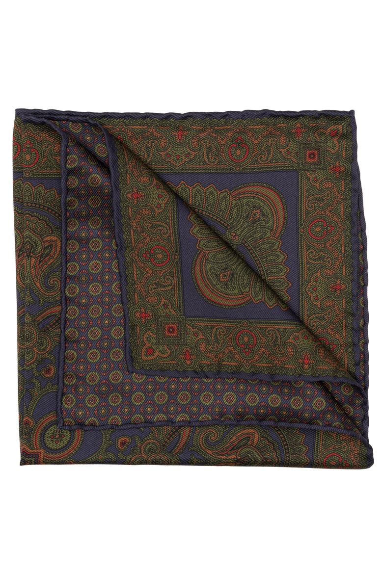 Lario - Double Sided Silk Pocket Square for Men, Main, color, Navy Green