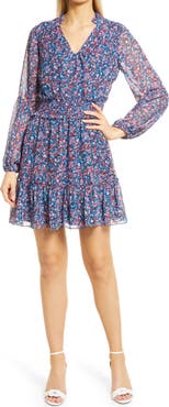 Draper James Floral Print Smocked Waist Long Sleeve Minidress