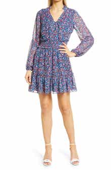 Draper James Floral Print Smocked Waist Long Sleeve Minidress