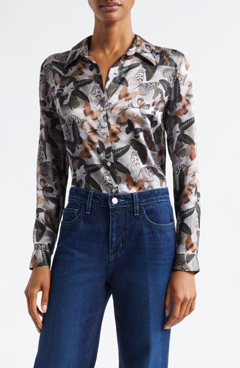 Tyler Butterfly Print Silk Button-Up Shirt