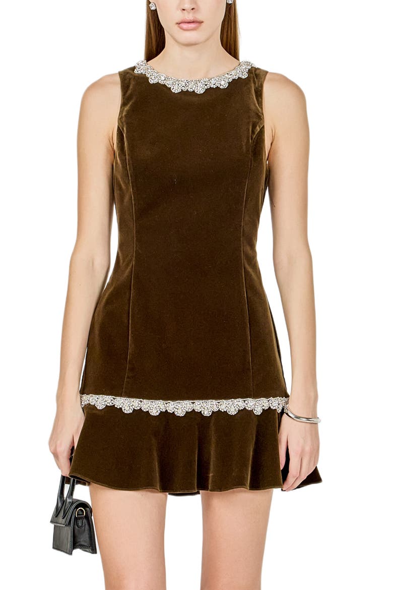 Jewel Trim Sleeveless Velvet Minidress, Alternate, color, OLIVE