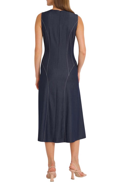 Maggy London Contrast Stitch Sleeveless Denim Midi Dress In Blue