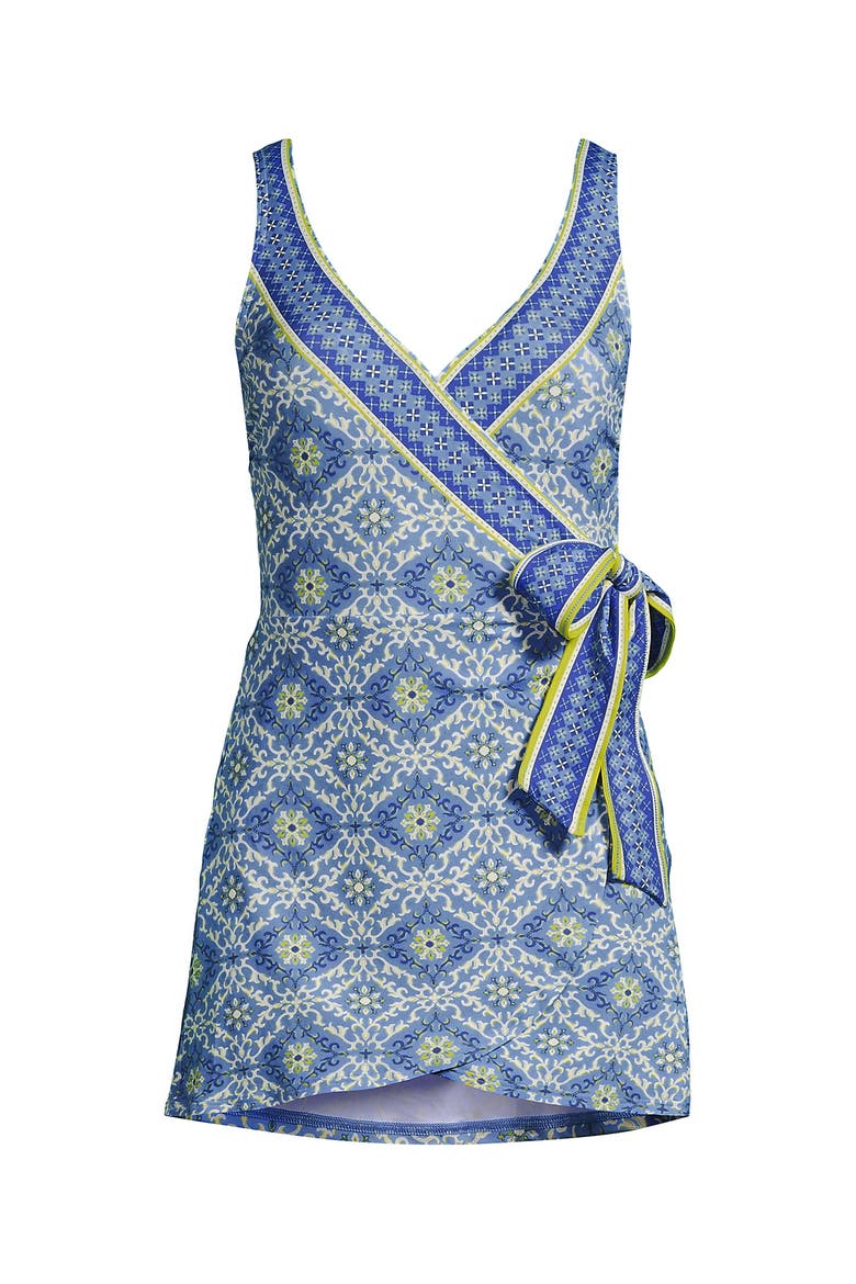 Side Tie Mini Swim Dress Swimsuit, Alternate, color, Lake Blue/Geo Floral Border