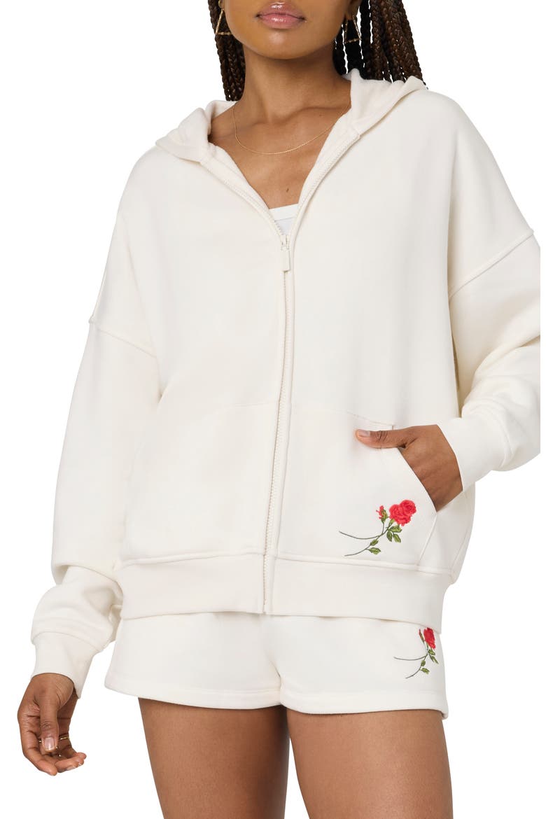 Cozy Crush Forever Embroidered Oversize Graphic Zip Hoodie, Main, color, JET STR ROSE