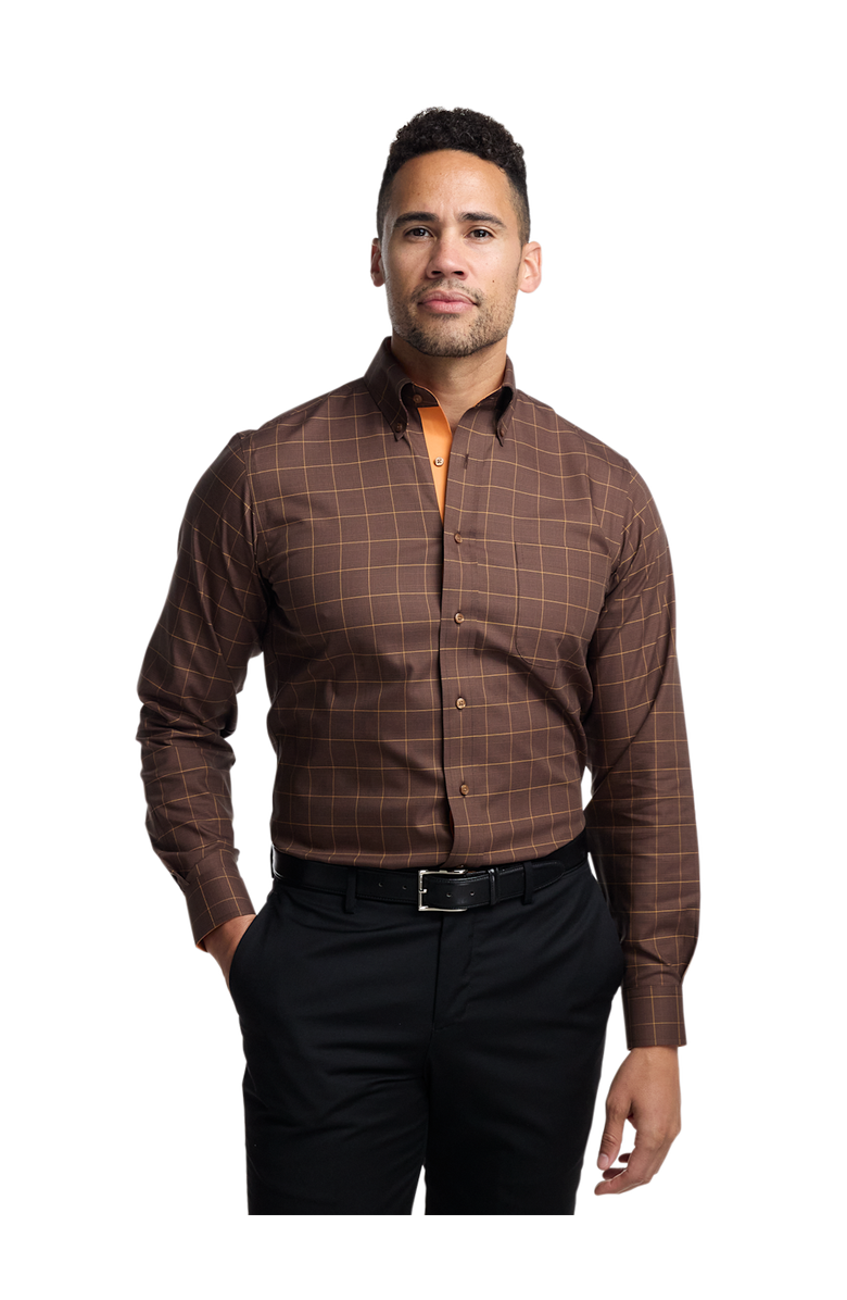 Paul Fredrick Comfort Stretch Non-iron Windowpane Dress Shirt With Contrast Trim, Alternate, color, Brown/Orange