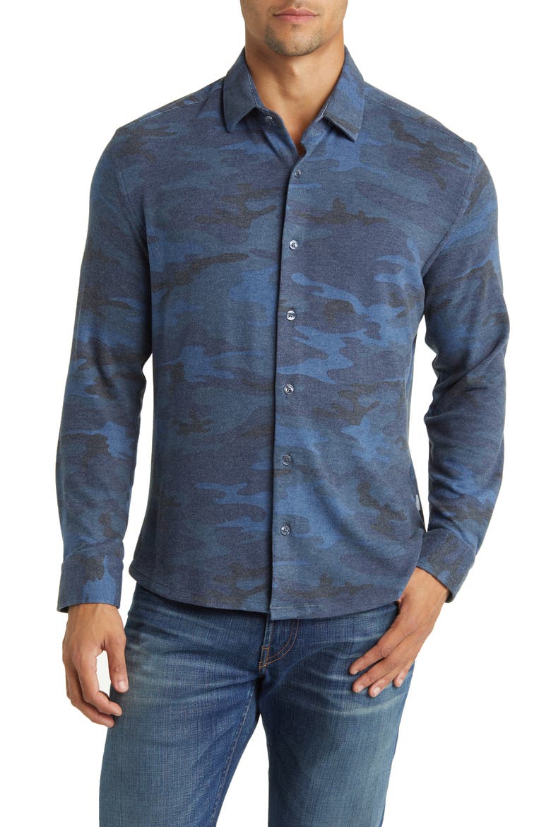 Camo Tech Fleece Button-Up Shirt, Main, color, NAVY