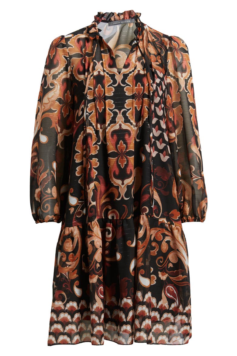 Long Sleeve Chiffon Shift Dress, Alternate, color, BLACK ORANGE