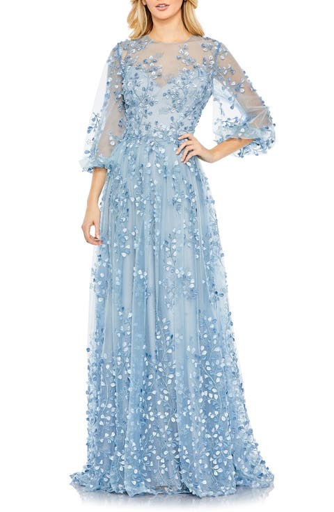 Embroidered Mesh High-Neck Dress with Puff Sleeves