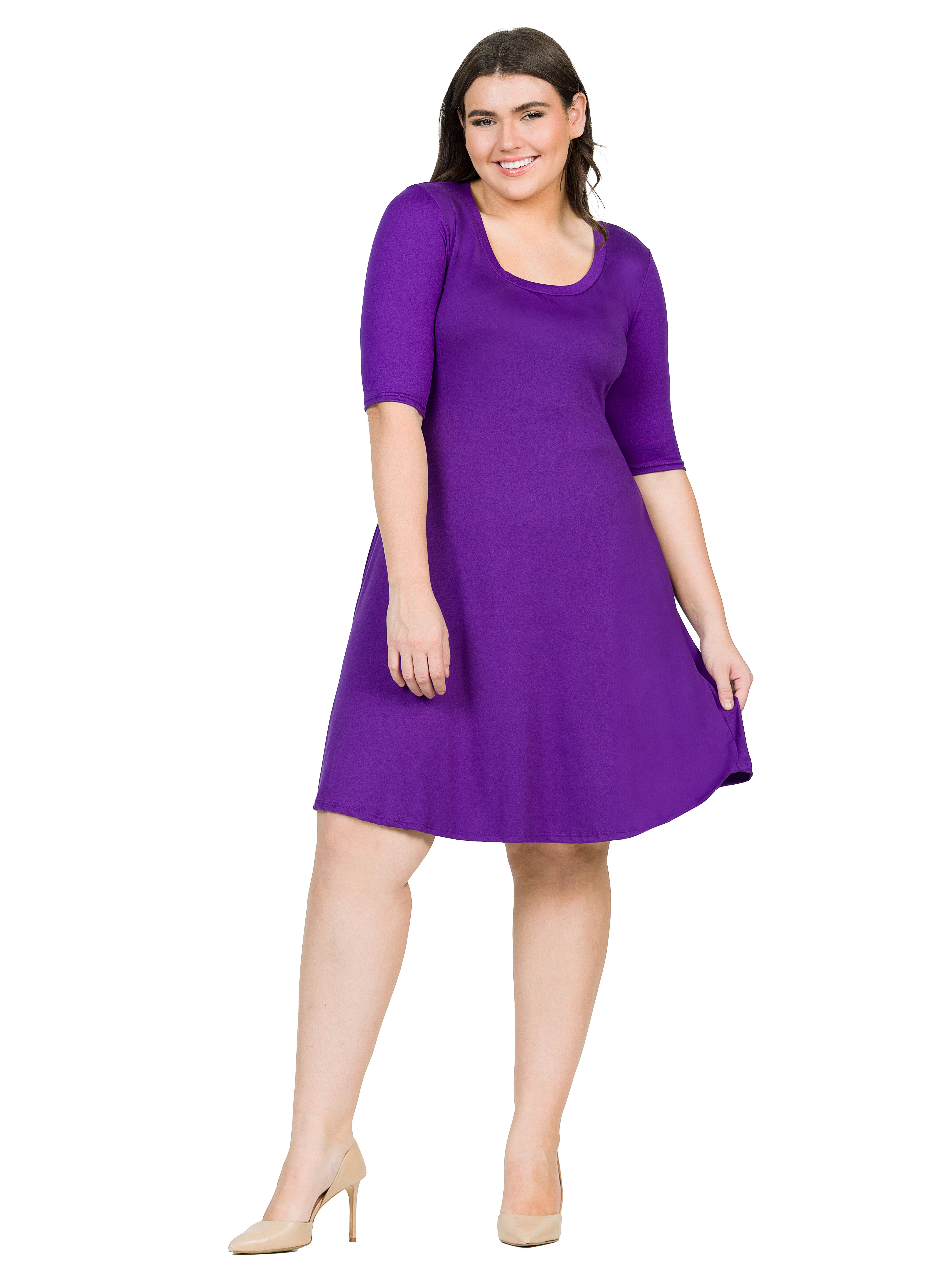24seven Comfort Apparel Elbow Sleeve Knee Length Dress In Purple