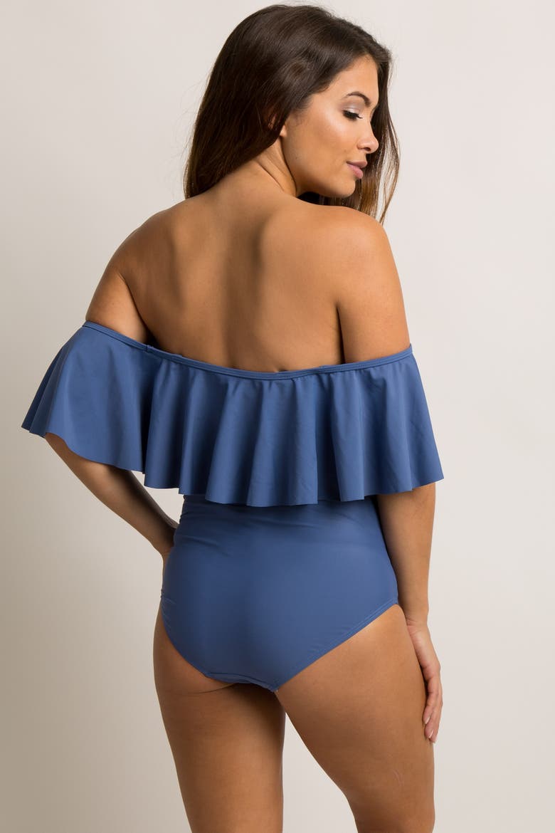 Ruffle Trim Ruched One-Piece Maternity Swimsuit, Alternate, color, Periwinkle