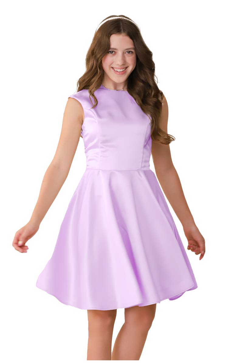 Un Deux Trois Cap Sleeve Boat Neck Dress In Longer Length, Main, color, Lilac Satin