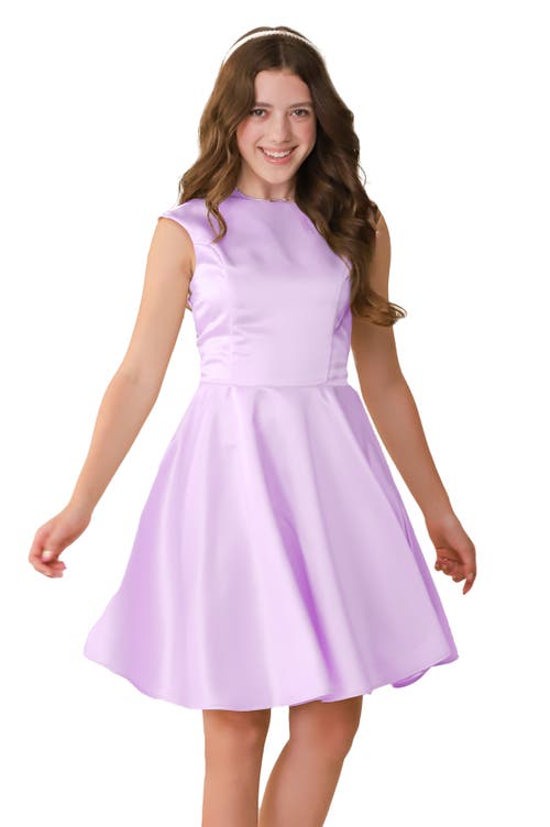 Un Deux Trois Cap Sleeve Boat Neck Dress In Longer Length In Purple