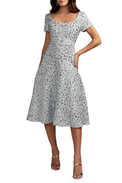Sequin Button Up Boucle Midi Dress