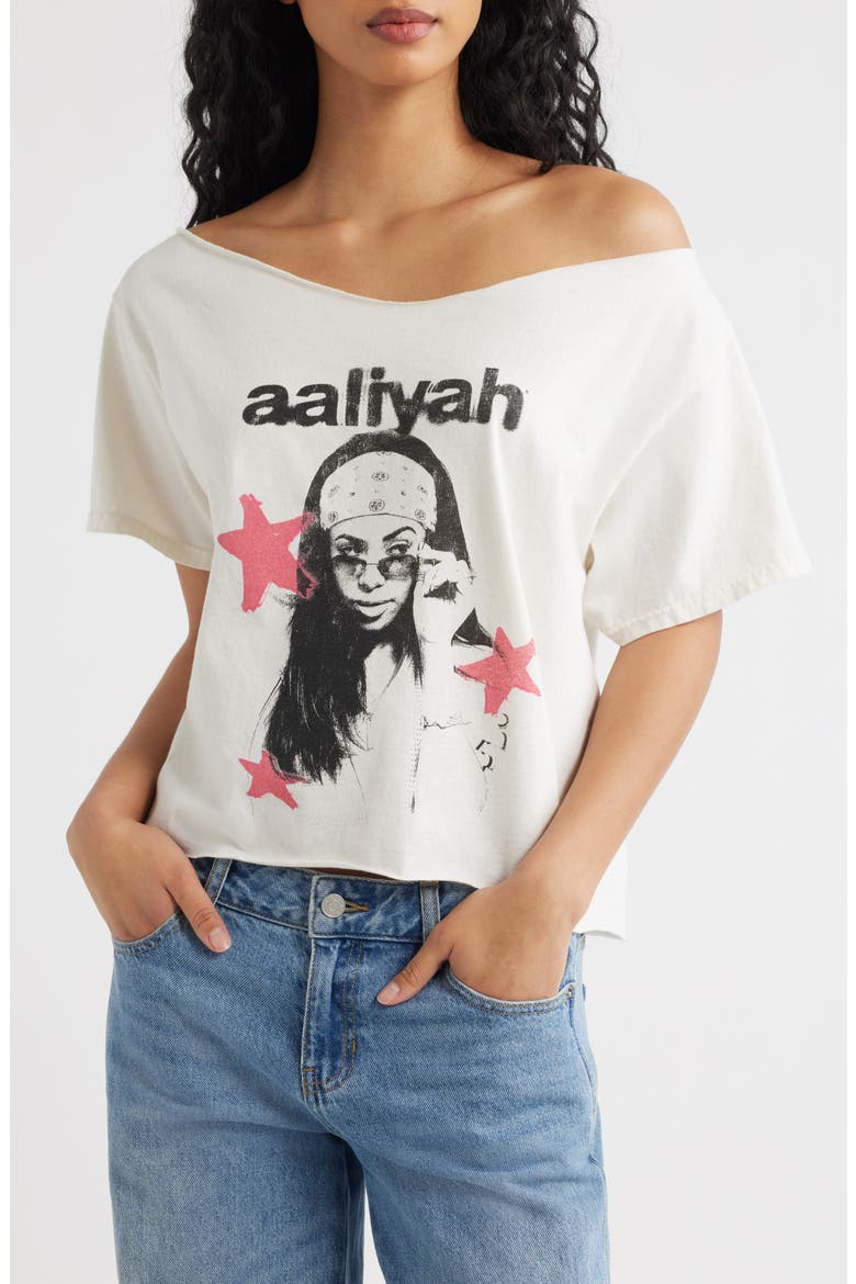 Aaliyah Off the Shoulder Graphic T-Shirt, Main, color, IVORY