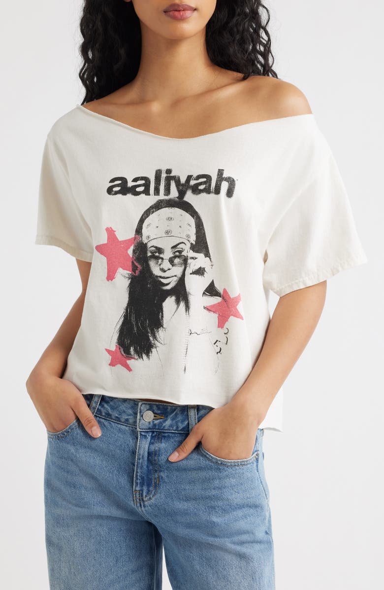 Merch Traffic Aaliyah Off the Shoulder Graphic T-Shirt, Main, color, Ivory