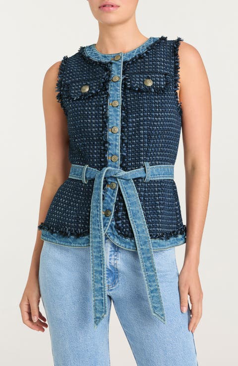 Joans Belted Tweed Denim Trim Vest
