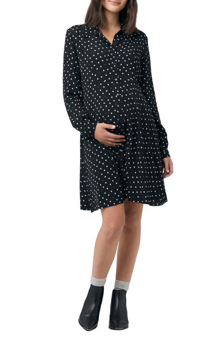 Fifi Polka Dot Long Sleeve Maternity//Nursing Shirtdress, Main, color, BLACK