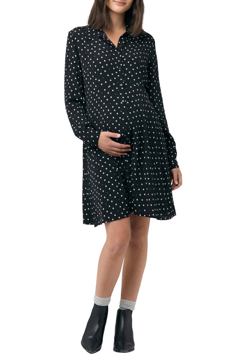 Ripe Maternity Fifi Polka Dot Long Sleeve Maternity//Nursing Shirtdress, Main, color, Black