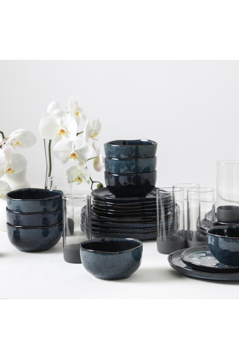 Mirella Stoneware 32-Piece Dinnerware Set with Glasses, Alternate, color, Blue