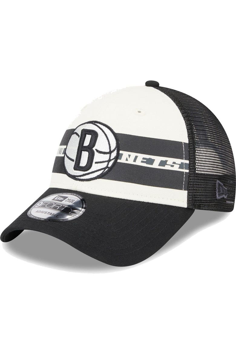 Men's New Era Brooklyn Nets Black Stripes 9FORTY Trucker Snapback Hat, Main, color, Black
