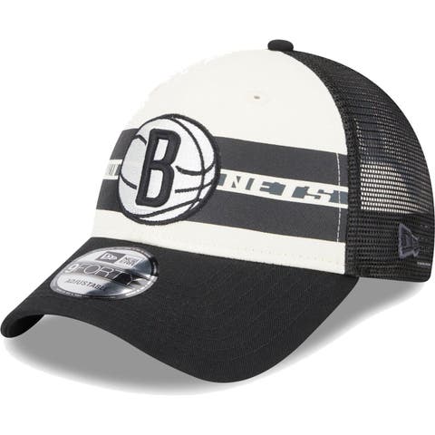 Men's New Era Brooklyn Nets Black Stripes 9FORTY Trucker Snapback Hat