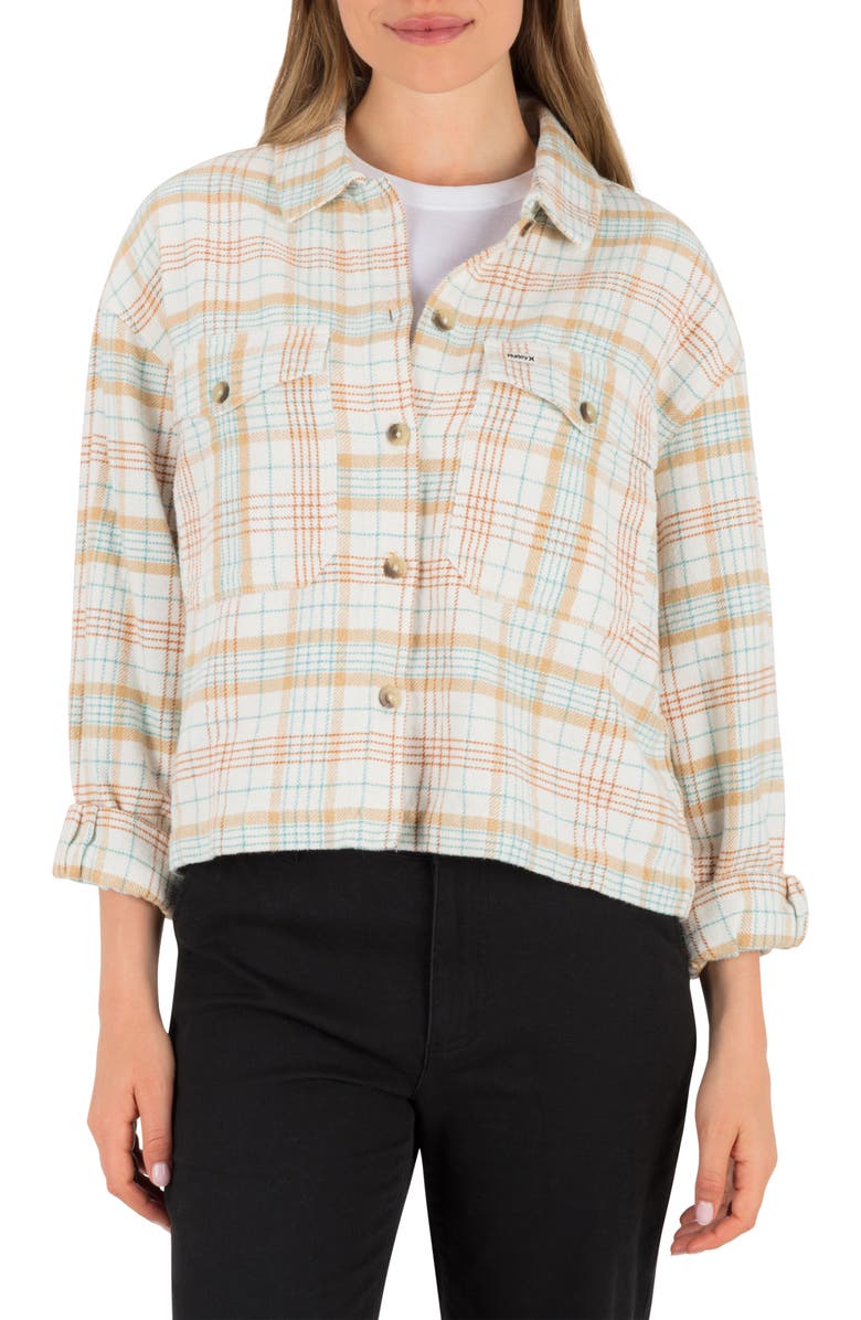 Hurley Roam Boxy Flannel Button-Up Shirt, Main, color, Tofu