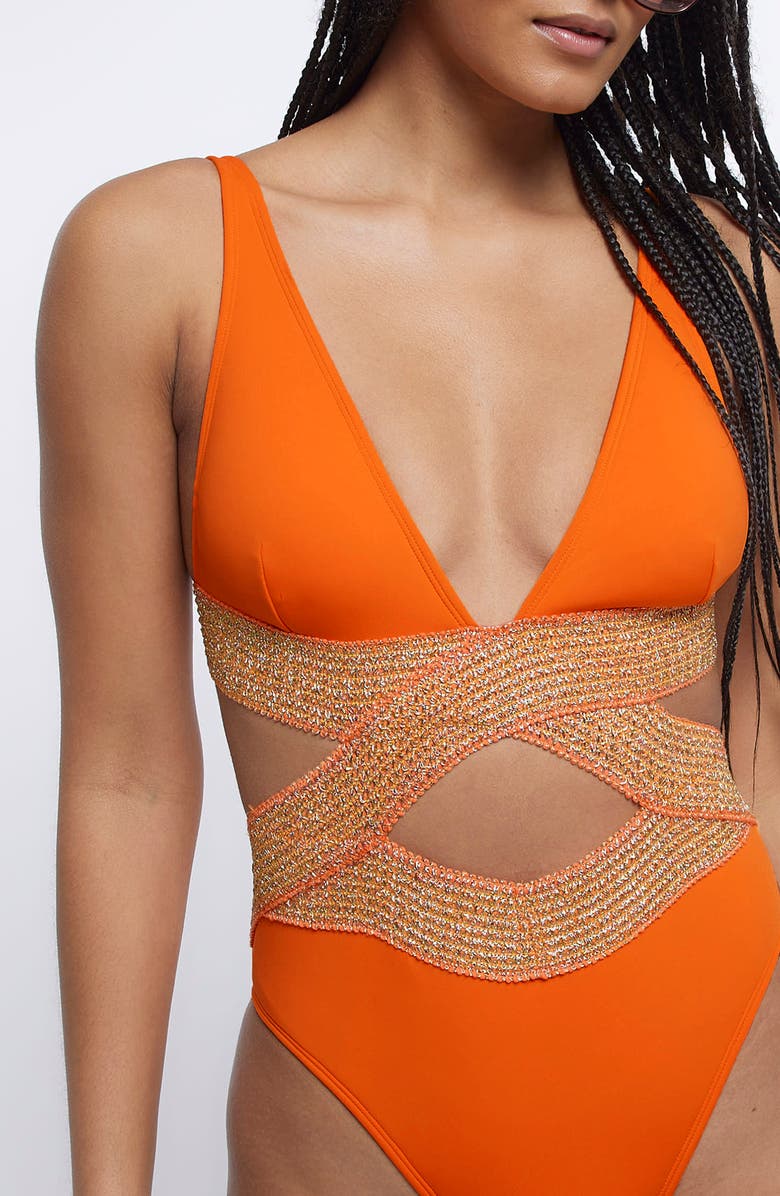 River Island Metallic Wrap Swimsuit, Alternate, color, Orange