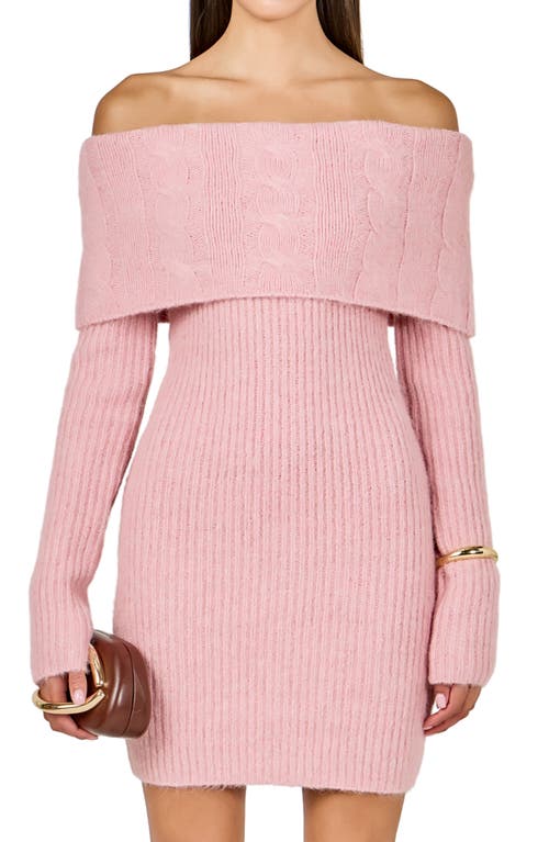 Endless Rose Off The Shoulder Long Sleeve Cable Stitch Sweater Dress With Tie In Pink