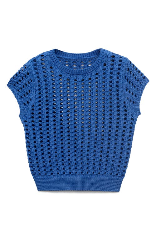 Mango Short Sleeve Open Knit Sweater In Blue