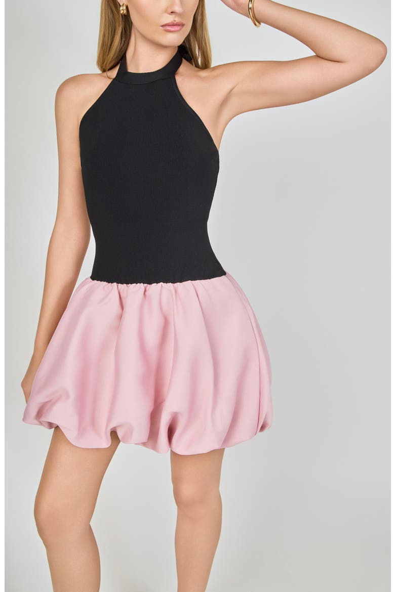 Mixed Media Halter Neck Bubble Minidress, Alternate, color, BLACK/ PINK