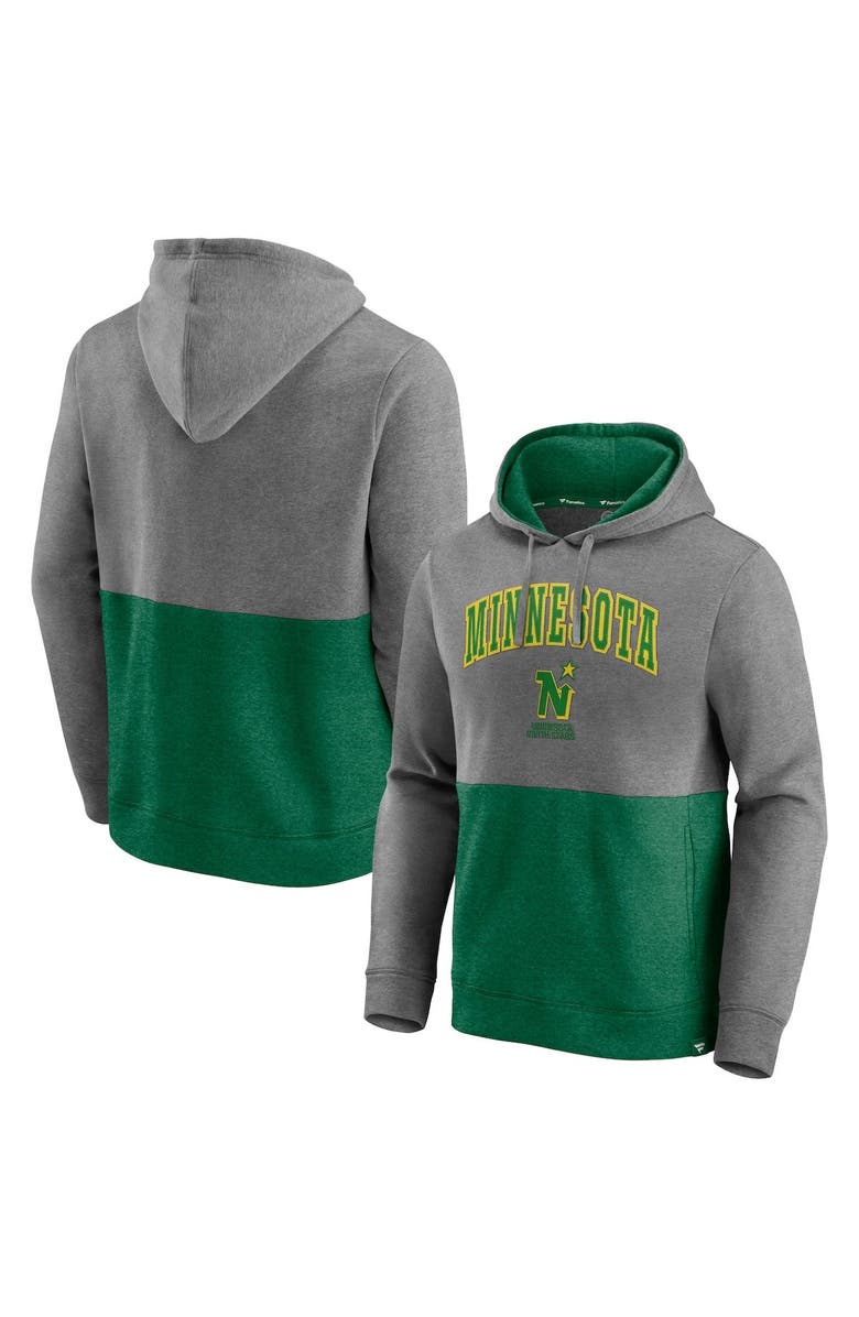 FANATICS Men's Fanatics Branded Heathered Gray/Kelly Green Minnesota North Stars Block Party Classic Arch Signature Pullover Hoodie, Main, color, Heather Gray