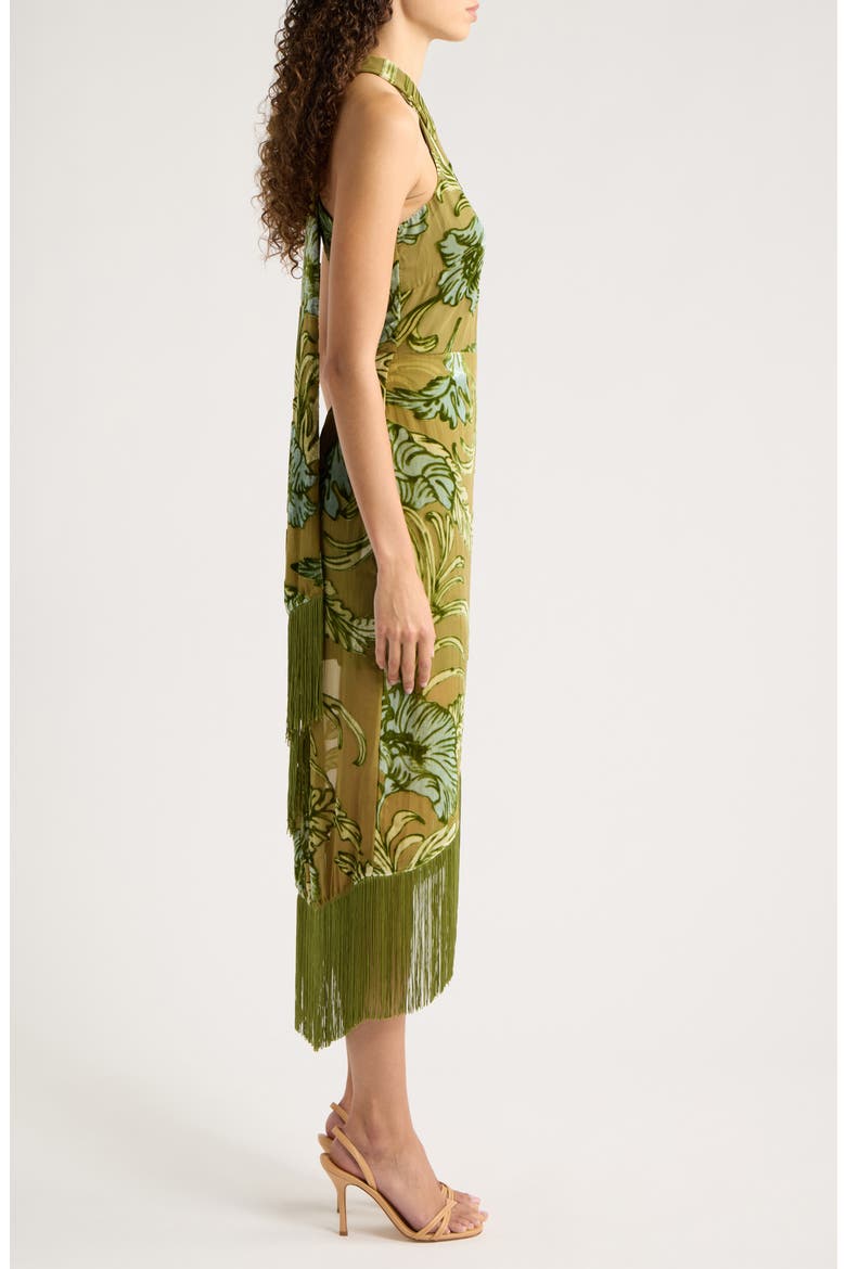Nella Asymmetric Fringe Midi Dress, Alternate, color, GREEN MULTI