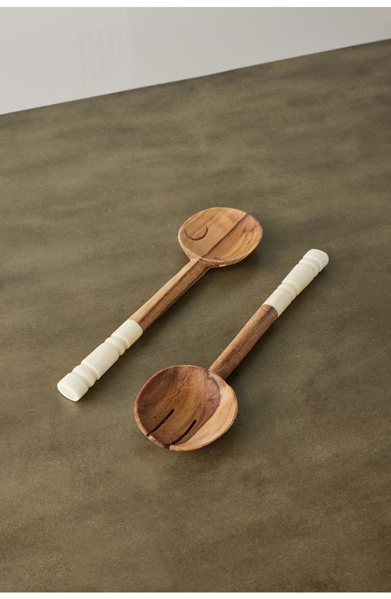 kanju Interiors Olive Wood Salad Servers with Polished Bone Handles, Main, color, Natural