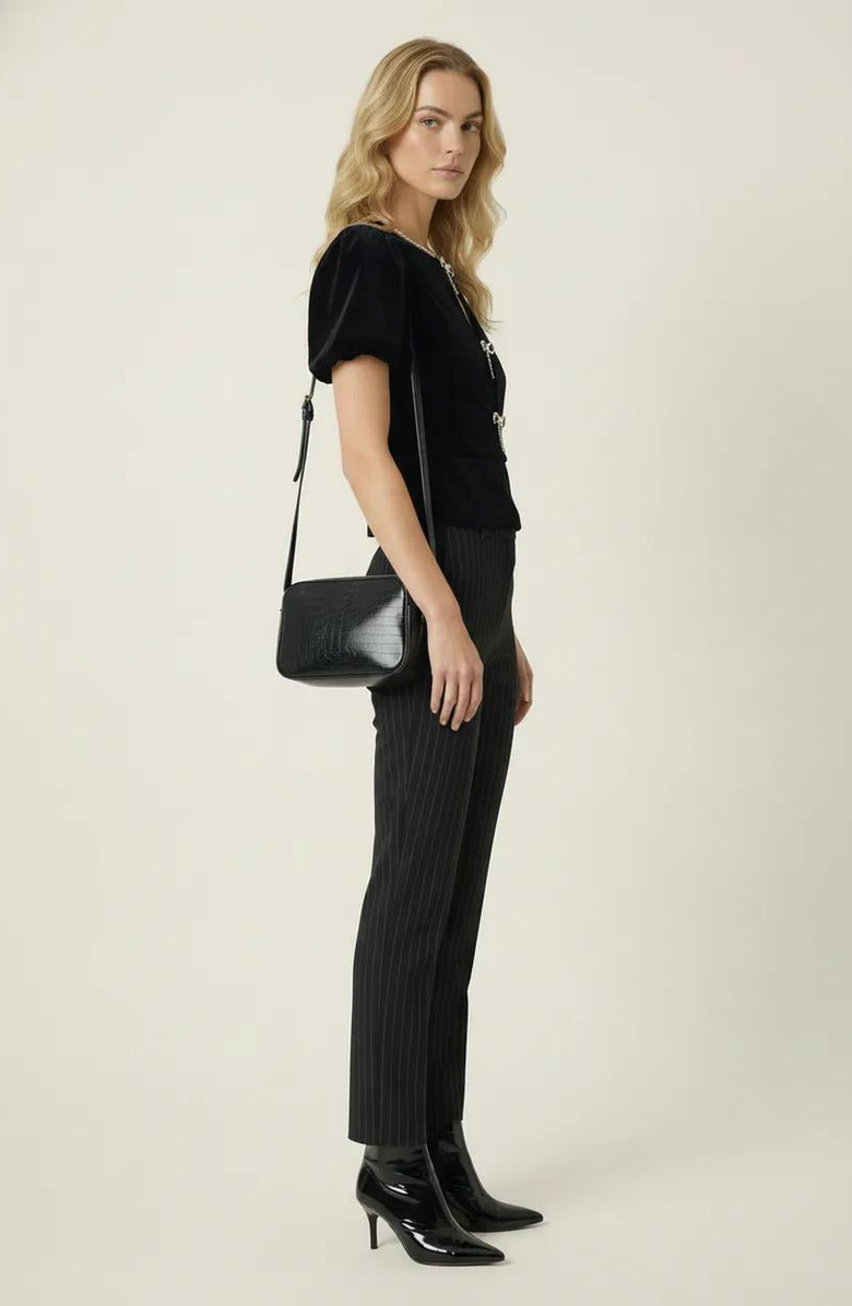 Modenaire Velvet Puff Sleeve Keyhole Top, Alternate, color, Black